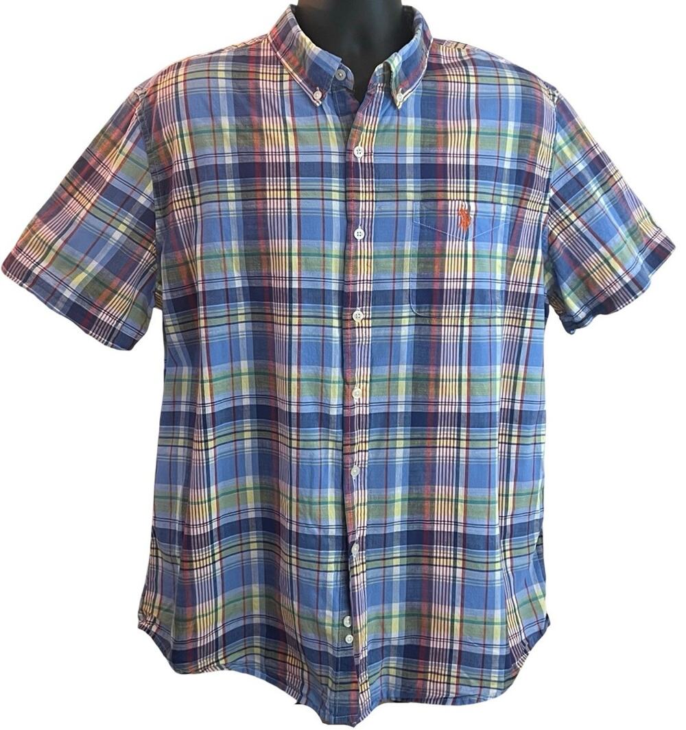 US Polo Assn Men's Blue Plaid Stretch Cotton Short-Sleeved Button Down Shirt, XL